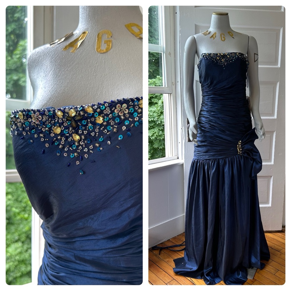 NWT NIMA BOUTIQUE Gathered Drop Waist Gem Embellished Gown, Lace up Back